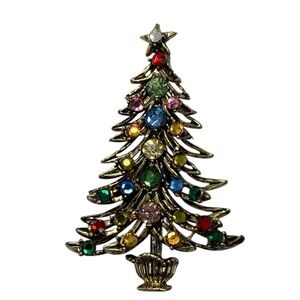 Hollycraft vintage brooch rhinestone antiqued gold-tone Christmas tree pin.